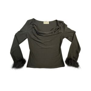 Vintage Y2K Brittney Black Cowl Neck Top Long Sleeve Top with Feather Cuffs